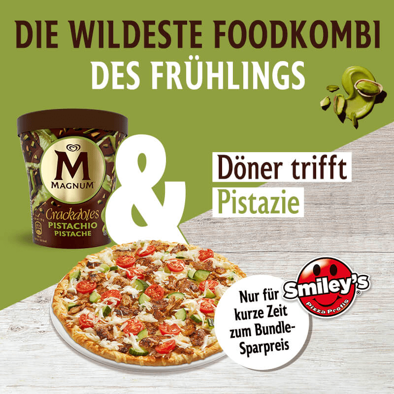 Pizza mit Dönerfleisch und Magnum Pistazien Eis als Frühlings Food Kombination zum Bundle Sparpreis bei Smiley's.