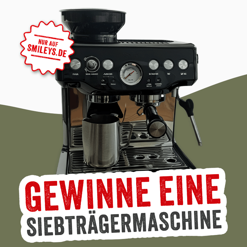 Siebträgermaschine mit dem Schriftzug: Gewinne eine Siebträgermaschine, nur auf smileys.de.