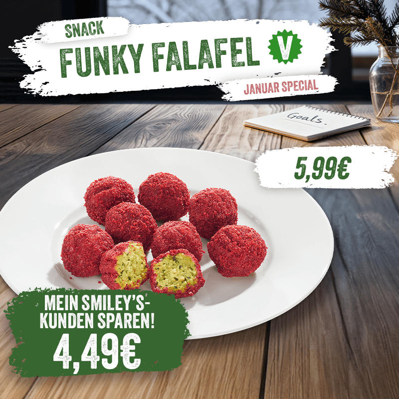 Werbemotiv für den Snack „Funky Falafel“ mit Falafelbällchen auf weißem Teller. Text „Januar Special“. Preisangabe 5,99 € und Hinweis „Mein Smiley’s Kunden sparen: 4,49 €“.