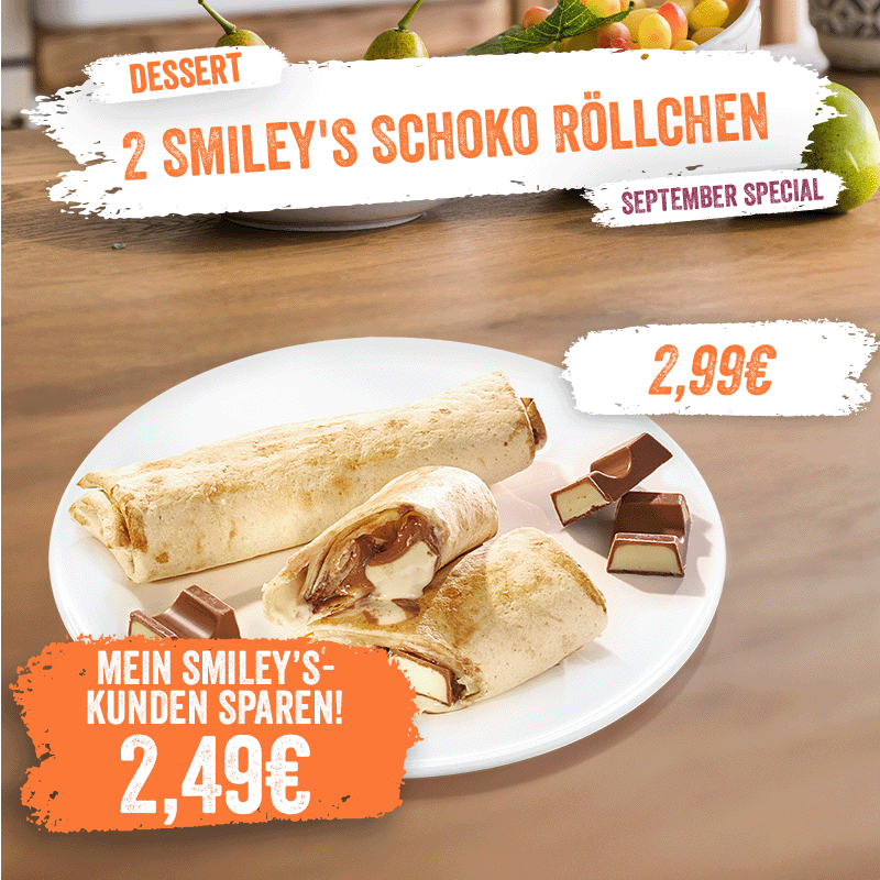 Snack Funky Falafel inkl. Smiley’s Curry-Dip vegetarisch als September Special. Preis 6,99 € statt 7,99 €. Abgebildet sind rote Falafelbällchen auf Teller mit Schälchen Curry-Dip.