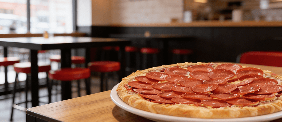 Pizza Salami auf Teller im Restaurant, Innenraum mit Sitzplätzen im Hintergrund
