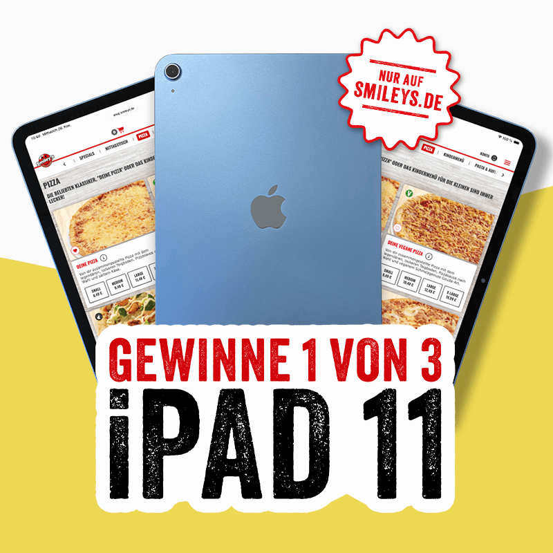 Gewinnspielmotiv mit zwei iPads, einem blauen iPad im Vordergrund und dem Hinweis „Gewinne 1 von 3 iPad 11“ sowie dem Label „Nur auf smileys.de“.