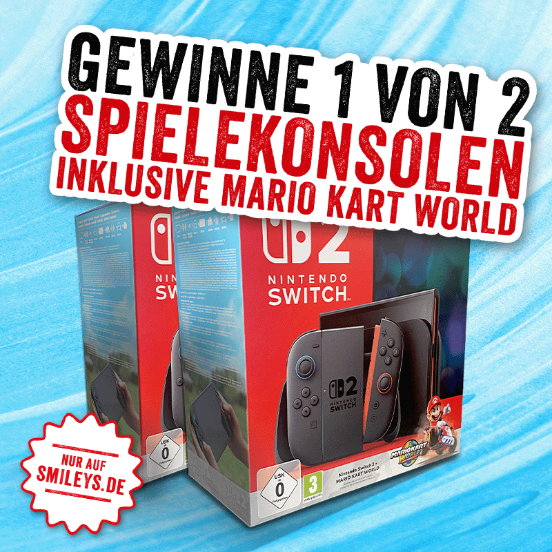 Zwei verpackte Nintendo Switch Konsolen vor hellblau strukturiertem Hintergrund. Darüber in großer Schrift: ‚Gewinne 1 von 2 Spielkonsolen inklusive Mario Kart World‘. Unten links ein roter Stempel ‚Nur auf smileys.de‘.
