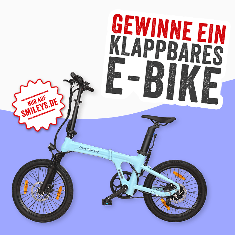 Gewinnspiel für ein klappbares E-Bike, nur auf smileys.de.
